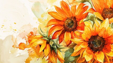 Watercolor Sunflowers in Full Bloom. Bright sunflowers painted in watercolor style, evoking a warm, sunny day."