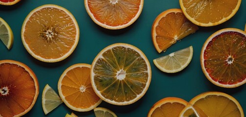  a group of sliced oranges sitting on top of a green counter top next to slices of lemon and oranges on a blue surface with one cut in half.