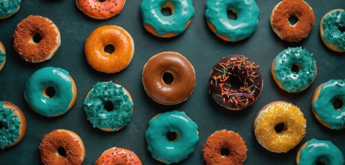  a bunch of different kinds of doughnuts with different toppings on a black surface with green, orange, and yellow sprinkles on the top of the doughnuts. - obrazy, fototapety, plakaty