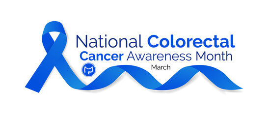 Colorectal Cancer awareness month is March. 
Banner, poster, card, background design with  blue ribbon and text. Vector illustration.