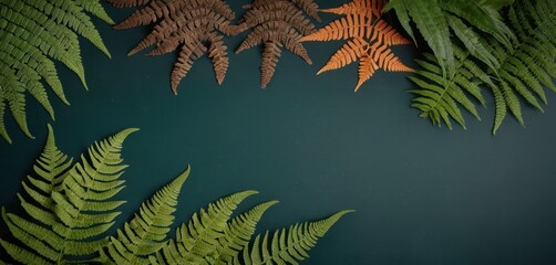  a group of green and orange ferns on a blue background with space for a text or an image to put on a card or brochure or brochure.