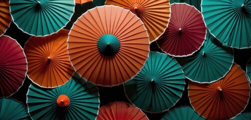  a bunch of colorful umbrellas that are stacked on top of each other in a room with black walls and green, orange, red, and blue umbrellas.