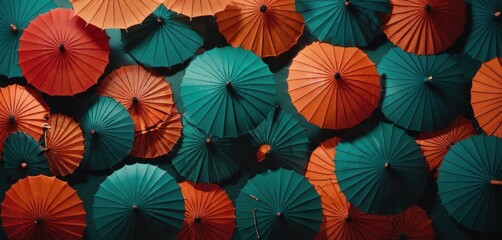  a group of orange and green umbrellas sitting next to each other on the side of a wall with orange and green umbrellas attached to the sides of them.