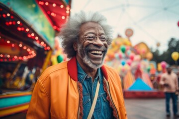 Portrait of a cheerful afro-american man in his 70s wearing a lightweight packable anorak against a vibrant amusement park. AI Generation