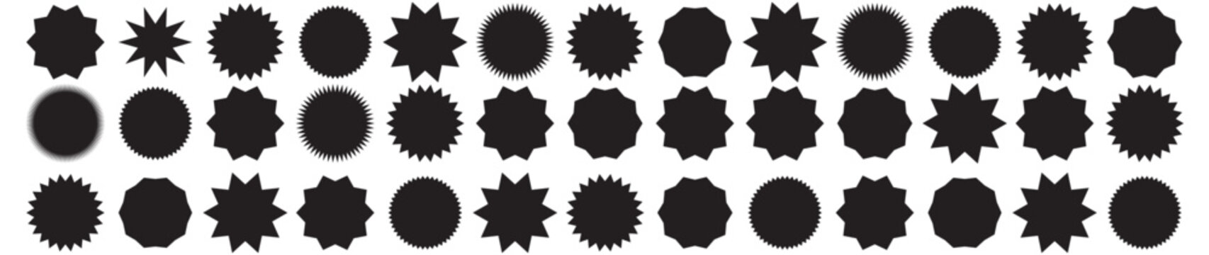 Set of vector starburst, sunburst badges. Vintage labels. Black colored stickers. A collection of different types and black colors icon.