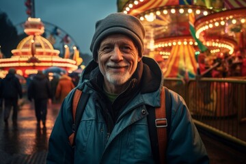 Obraz premium Portrait of a tender man in his 60s donning a durable down jacket against a vibrant amusement park. AI Generation