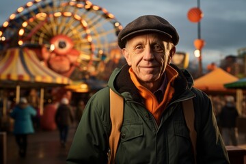 Obraz premium Portrait of a tender man in his 60s donning a durable down jacket against a vibrant amusement park. AI Generation