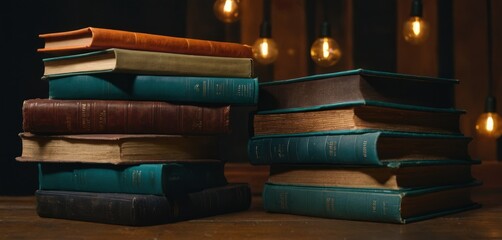  a stack of books sitting on top of a wooden table next to a string of lightbulbs in a dark room with a chandelier in the background.