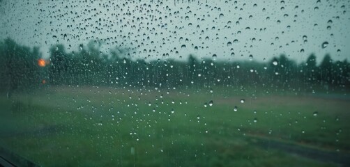  rain drops on the window of a train as it travels through a field of green grass and trees in the distance, with a red light in the foreground.