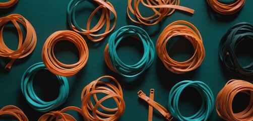  a group of orange and blue cords laying next to each other on a green surface with a pair of scissors in the middle of the middle of the row of them.