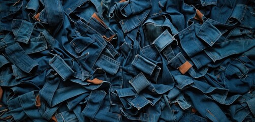  a pile of blue jeans sitting on top of a pile of other pieces of blue cloth on top of a pile of other pieces of blue jeans on top of wood.