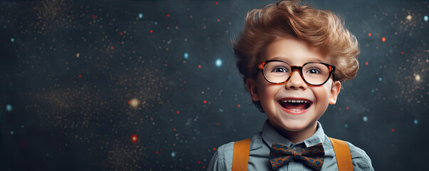 Cute happy school boy in front of blackboard in school class. copy space for your text. - Powered by Adobe