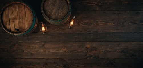  a couple of wine barrels sitting on top of a wooden floor next to a light bulb on top of a wooden barrel with a light on the side of it.