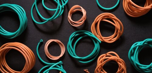  a close up of a bunch of different colored cords on a black surface with a blue one in the middle of the picture and one in the middle of the middle of the rows of the rows.