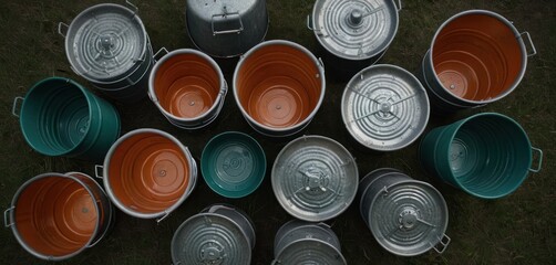  a group of metal buckets sitting on top of a grass covered field next to a metal container with a lid on top of one of the other buckets.