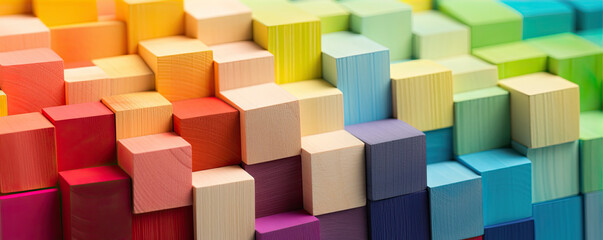 Fototapeta na wymiar Wooden blocks in various colors like red, blue, green , orange, violet. Rainbow colors on wood cubes.