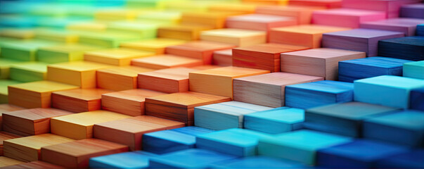 Wooden blocks in various colors like red, blue, green , orange, violet. Rainbow colors on wood...