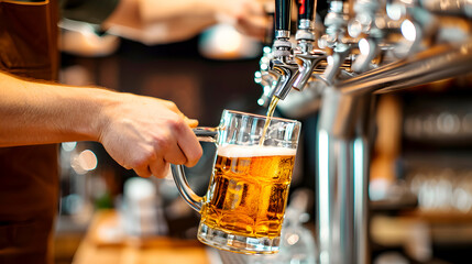 Fototapeta na wymiar A bartender filling a mug at a beer tap
