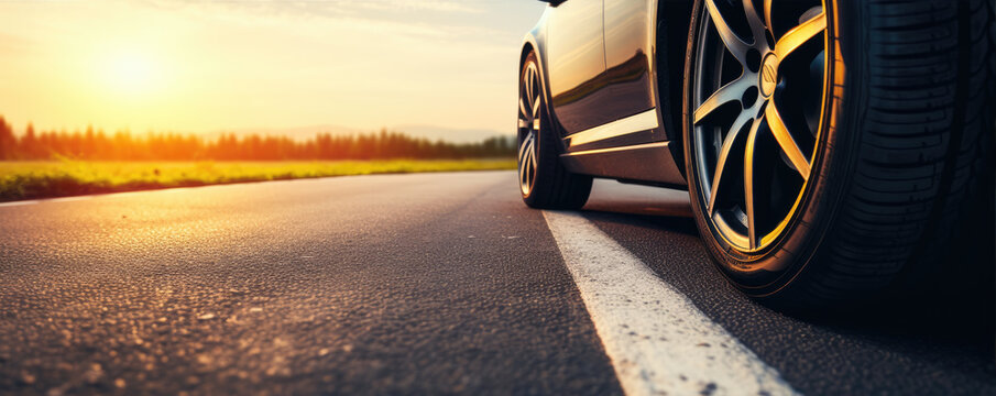 Summer tires on road in sunny day near beautiful nature. wide tire banner. copy space for text.