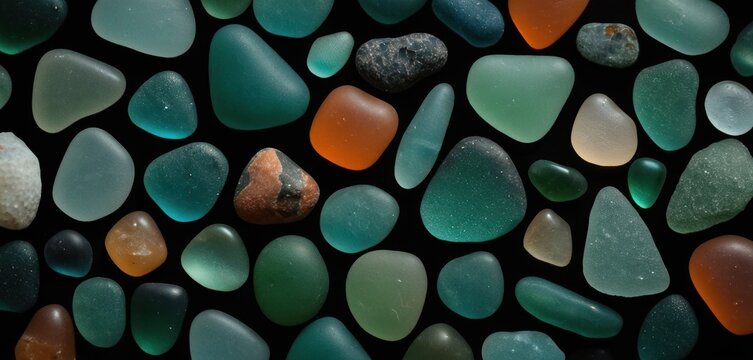  a close up of a bunch of different colored rocks on a black background with a red rock in the middle of the picture and a blue rock in the middle of the middle of the picture.