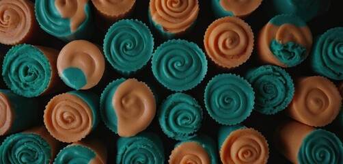  a close up of a bunch of cupcakes with frosting in the shape of spirals on top of each one of the cupcakes and the cupcakes.