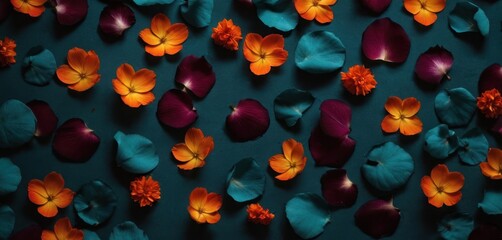Fototapeta na wymiar a group of flowers sitting on top of a blue surface with orange and red petals on top of the petals and the petals on the bottom of the petals of the petals.