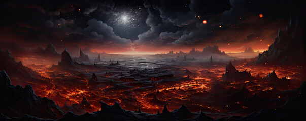 Red lava in night country scenery. erupting from a volcanic , - Powered by Adobe