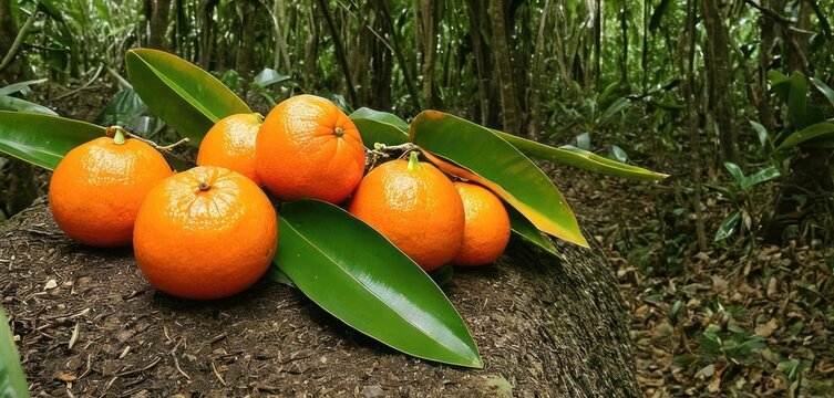  a group of oranges sitting on top of a tree stump in a forest filled with lots of green leafy branches and a bunch of oranges sitting on top of leaves.