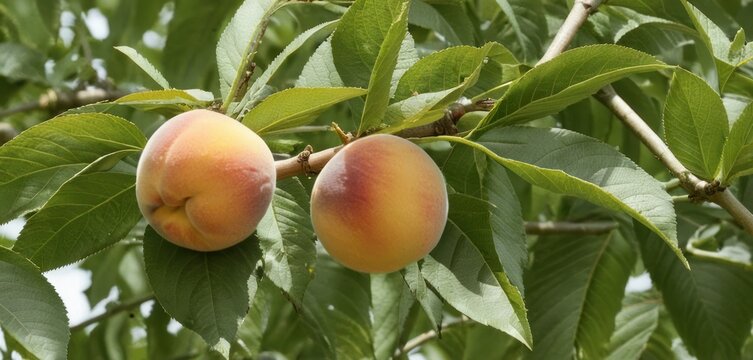  two peaches hanging from a tree branch with green leaves and a light blue sky in the background of the picture, with only one peach in the foreground.