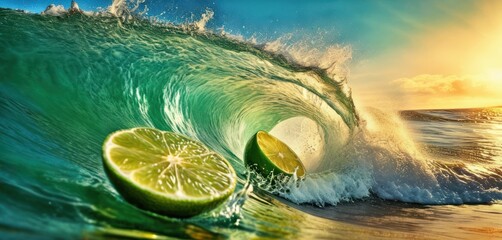  a slice of lime sitting on top of a wave next to a slice of lime on top of a slice of lime on top of a piece of lime in the water. - obrazy, fototapety, plakaty