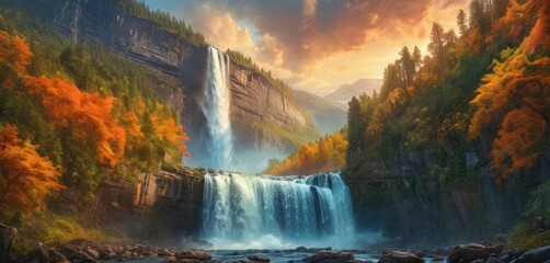  a painting of a waterfall in the middle of a forest with trees and rocks in the foreground and a sky filled with clouds and orange and yellow trees in the background.