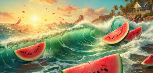 Foto op Plexiglas  a painting of watermelon slices floating on top of a wave in front of a beach with palm trees and a house in the distance with a sunset in the background. © Jevjenijs