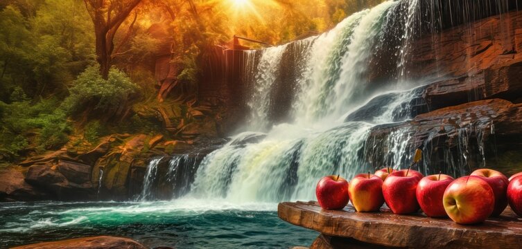  a painting of apples sitting on a ledge in front of a waterfall with a waterfall in the background and a waterfall in the foreground with a waterfall in the foreground.