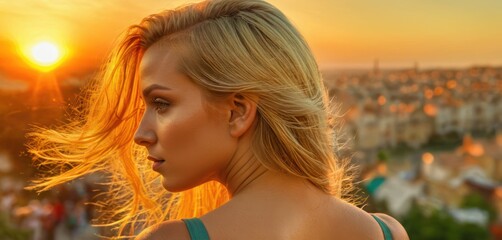  a woman with long blonde hair standing in front of a cityscape with the sun setting behind her and her back to the camera, with her hair blowing in the wind.