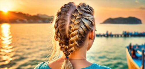  a young girl with a fishtail braid looks out over the water at a boat in the water and the sun is setting in the back of the water behind her. - obrazy, fototapety, plakaty