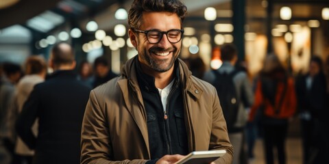 Smiling Man Using Tablet in Busy Shopping Mall