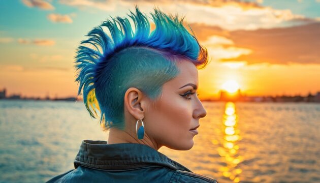  a woman with blue and green hair standing in front of a body of water with the sun setting behind her and the horizon in the distance behind her is a body of water.