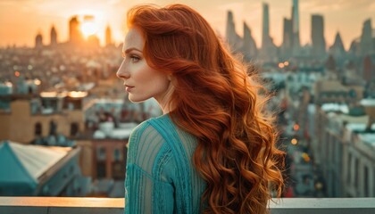 a woman with long red hair standing in front of a cityscape and looking off into the distance with the sun in the sky above her head and buildings in the distance.