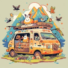 character, cartoon, illustration, vector, camp van with animal cute, cool, focus, t-shirt design, tee design