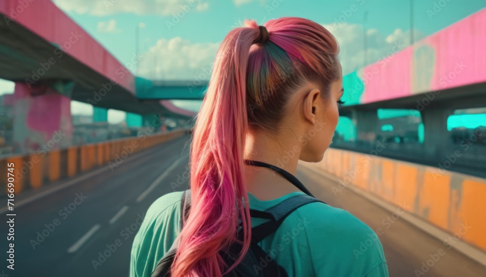 Canvas Prints  a woman with pink hair is standing on the side of a road with a bridge in the background and a pink and blue sky in the back of her hair.