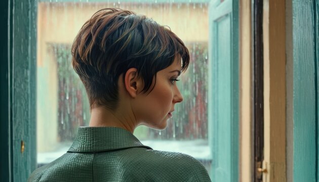  a woman standing in front of a window looking out of a rain soaked window with rain falling down on her head and her hair in a short piknot.