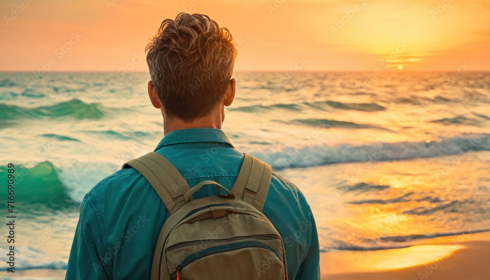 Sticker  a man with a backpack looks out at the ocean as the sun sets over the ocean and the waves roll in on the beach and behind him is a man with a backpack.