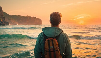  a man with a backpack looks out at the ocean as the sun sets over a rocky cliff on the coast of a body of water with a mountain in the distance. - obrazy, fototapety, plakaty