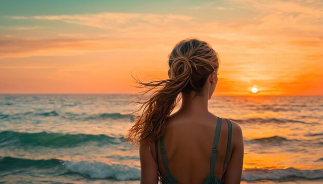  the back of a woman's head as she stands on the beach in front of the ocean with the sun setting in the sky and the horizon behind her.