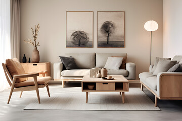 Beautiful living room, modern, stylish, armchairs, cozy sofas, pleasant atmosphere - obrazy, fototapety, plakaty
