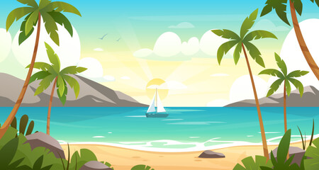 Sea coastline in the morning. Vector landscape of summer spring beach, tropical ocean coastline with mountains, palm trees. Marine horizon background. Seascape view illustration. Summer holidays