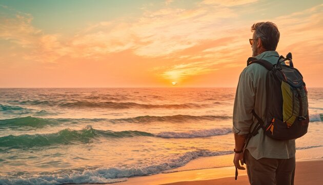  a man standing on top of a sandy beach next to the ocean with a backpack on his back and the sun setting in the sky over the ocean behind him.