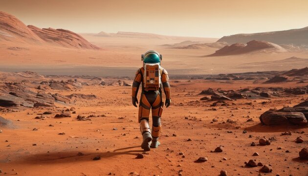 a man in a space suit walking through a barren area with mountains and rocks in the distance in the distance is a rocky outcropped outcropping.