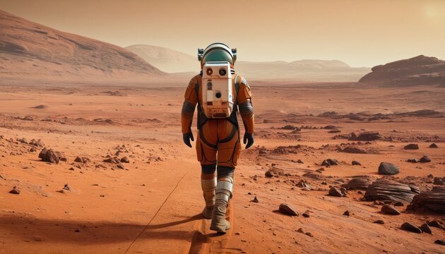  a man in an orange space suit walking on a dirt surface with mountains in the distance in the distance is a rocky outcropping and a distant area in the distance.