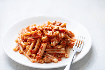 italian sausage cavatelli pasta in tomato sauce